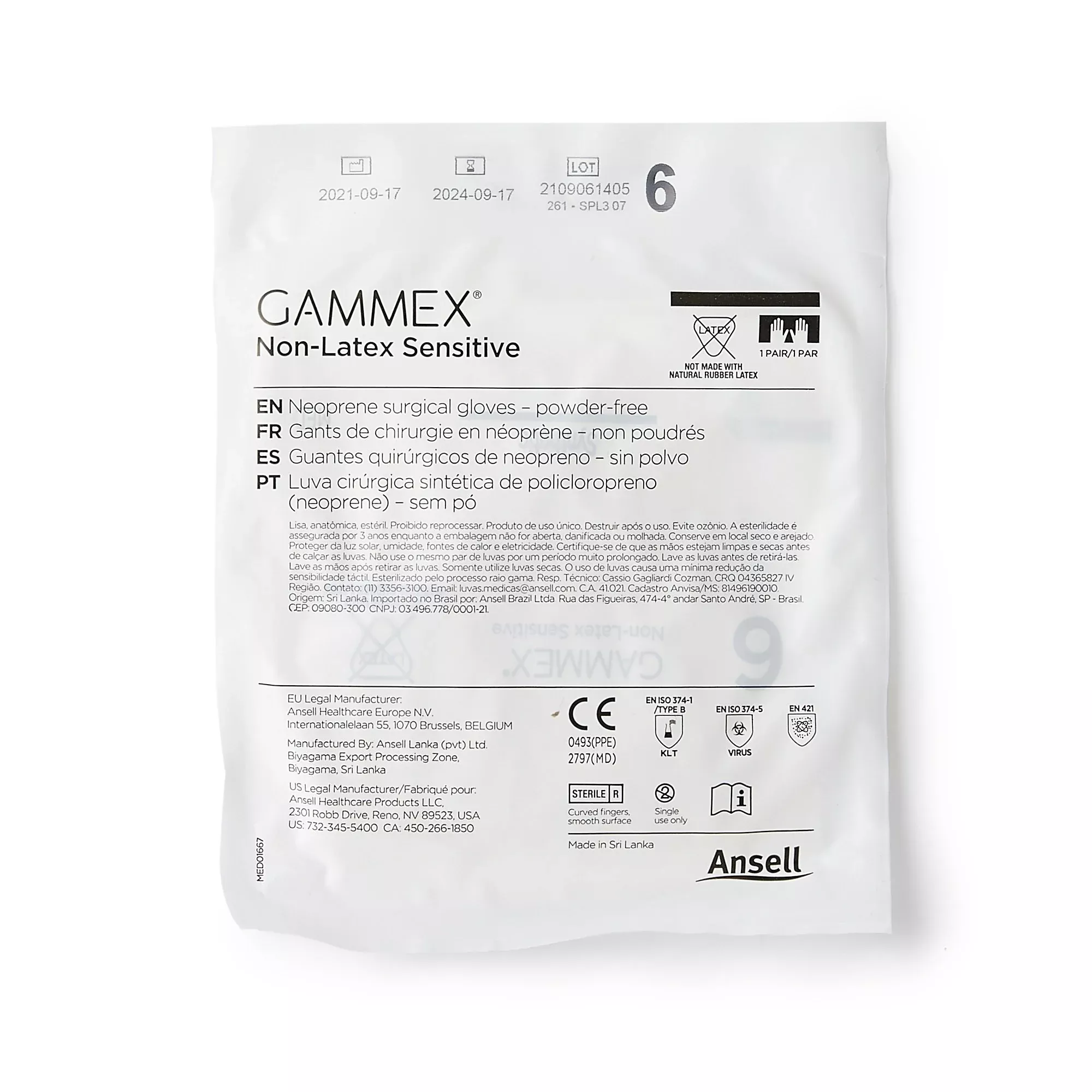 Ansell 20277260 Gammex Non-Latex Sensitive Polychloroprene Surgical Glove, Size 6, Cream