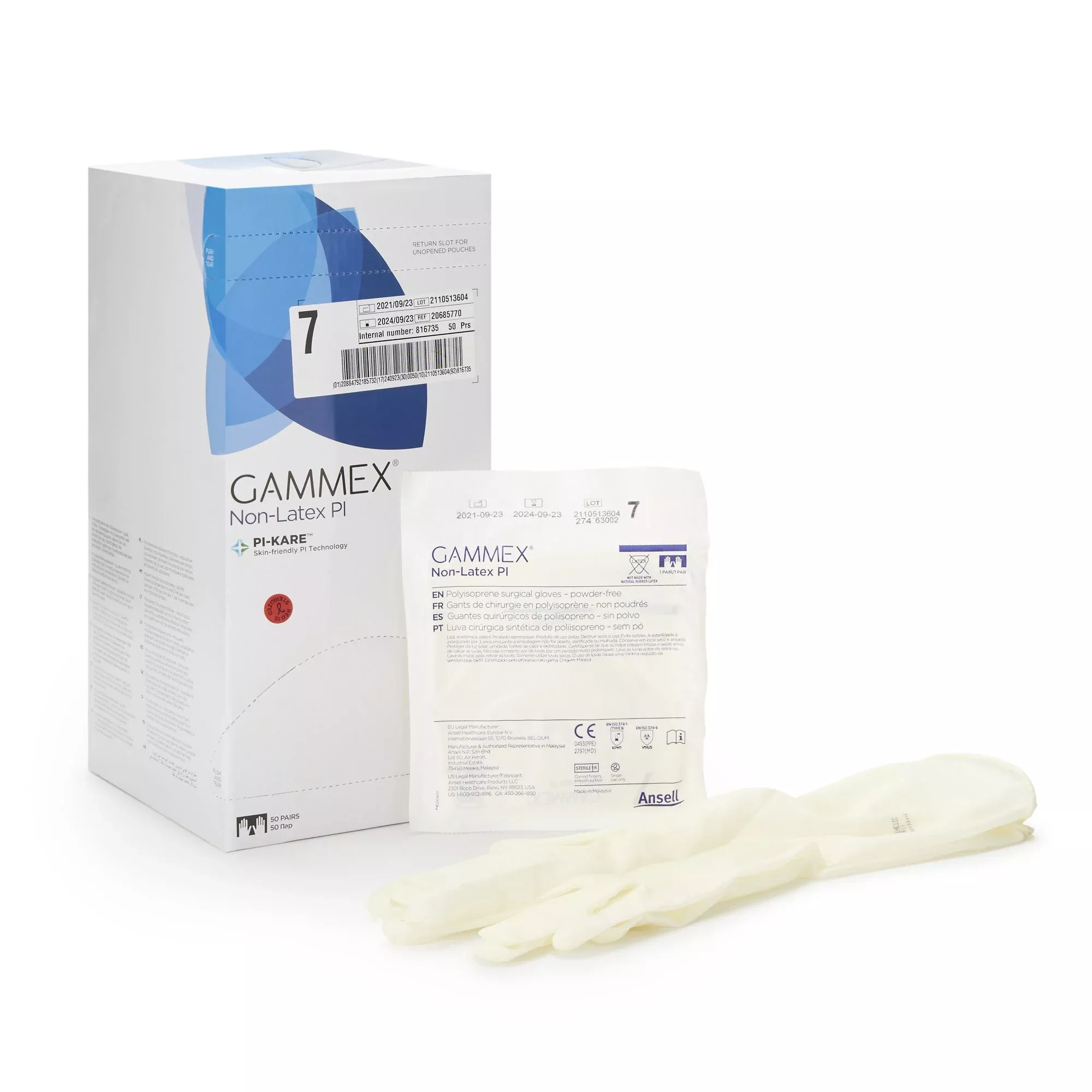 Ansell 20685770 Gammex Non-Latex PI Polyisoprene Surgical Glove, Size 7, White