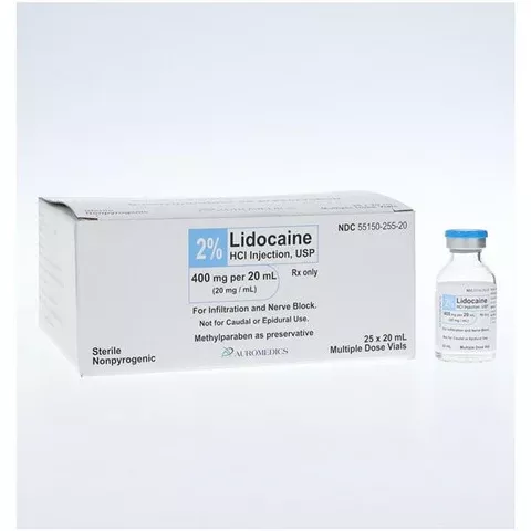 AuroMedics Pharma 2% Lidocaine HCl, Injection, Multiple Dose Vial, 20mg/mL, 50mL, 25/Flat, 55150-0256-50