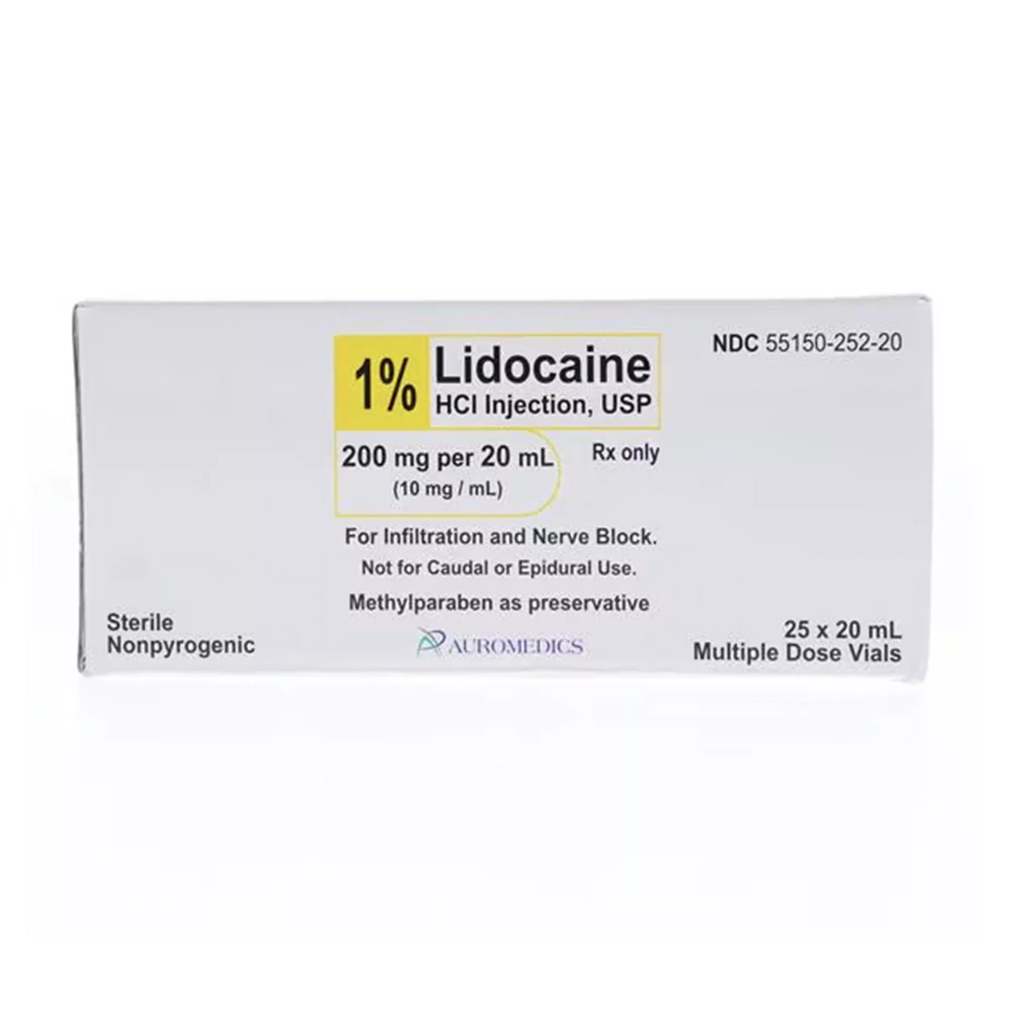 AuroMedics Pharmaceuticals 1% Lidocaine HCl, Injection, Single Dose Vial, 10mg/mL, 20mL, 25/Box, 55150-252-20