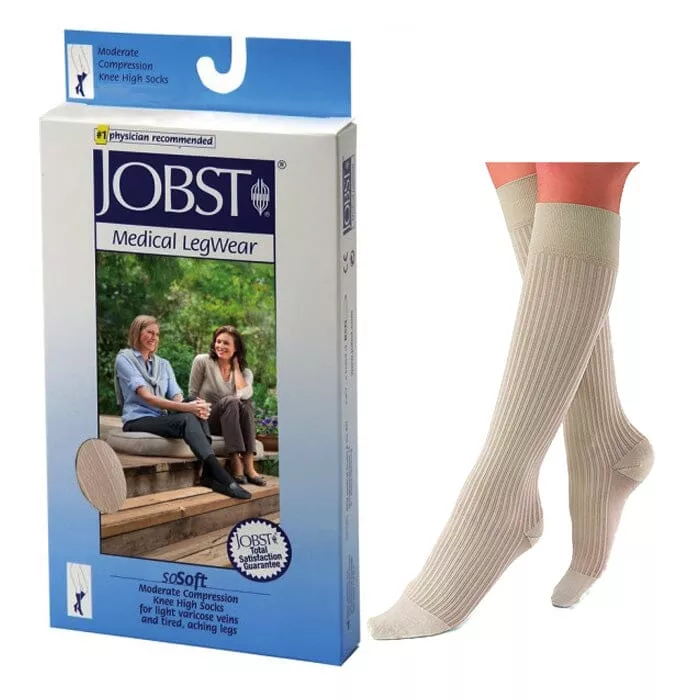 BSN Jobst SoSoft Compression Socks, Knee High, Classic Ribbed Pattern, Closed Toe, Medium, 20 to 30 mmHg, Sand