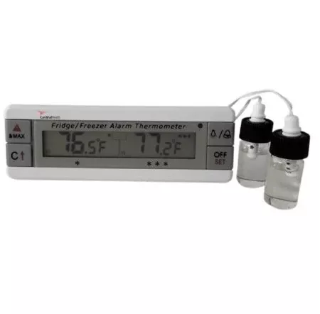 Cardinal Digital Refrigerator / Freezer Thermometer with Alarm CardinalHealth™ Fahrenheit / Celsius -58° to +158°F (-50° to +70°C) Bottle Probe Desk / Wall / Door Mount Battery Operated - M-811319-1246 - Each