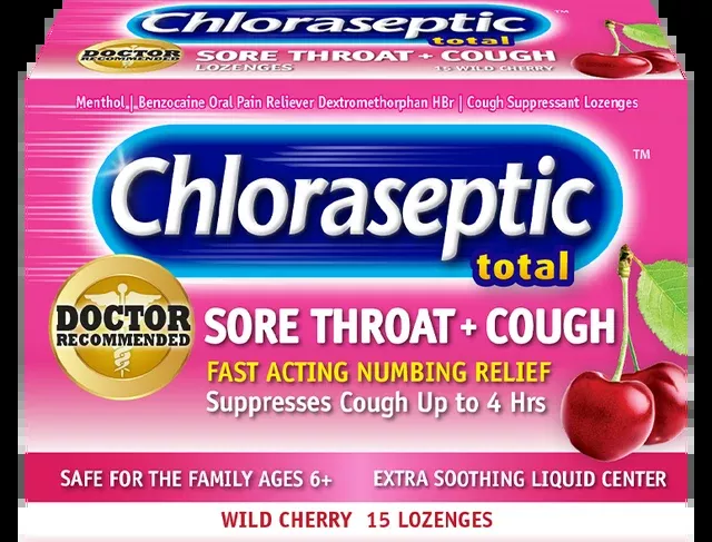 Chloraseptic Total, Wild Cherry, Sore Throat and Cough Lozenges, 15 ct.