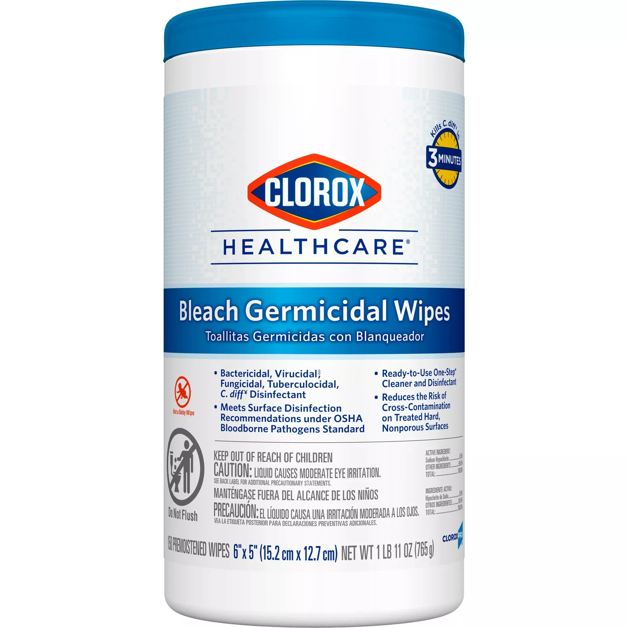 Clorox Healthcare Bleach Germicidal Wipes, Canister, 150 ct.