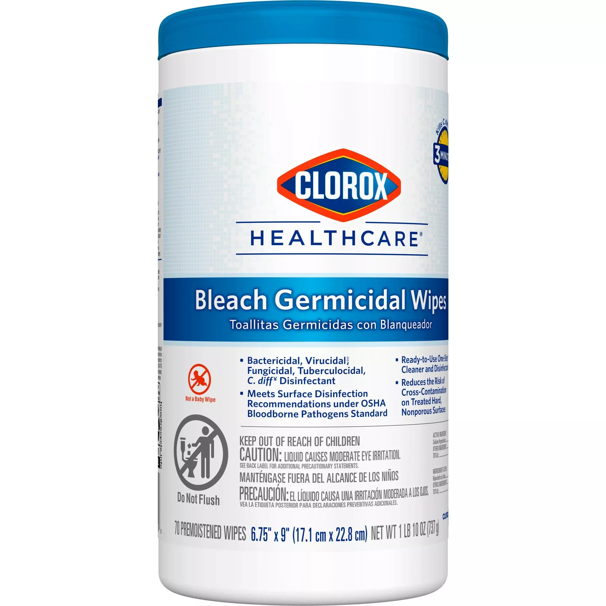 Clorox Healthcare Bleach Germicidal Wipes, Canister, 70 ct.