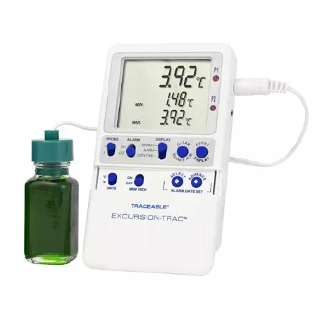 Cole-Parmer Inst. Datalogging Refrigerator / Freezer Thermometer Traceable Excursion-Trac™ Fahrenheit / Celsius -58° to +158°F (-50° to +70°C) Bottle Probe Multiple Mounting Options Battery Operated - M-907851-3557 - Each