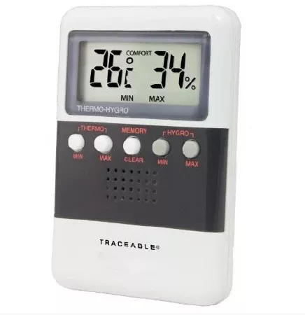 Cole-Parmer Inst. Digital Thermometer / Hygrometer Traceable Fahrenheit / Celsius 32° to 122°F (0° to 50°C) Internal Sensor Flip-out Stand / Wall Mount Battery Operated - M-897971-1432 - Each
