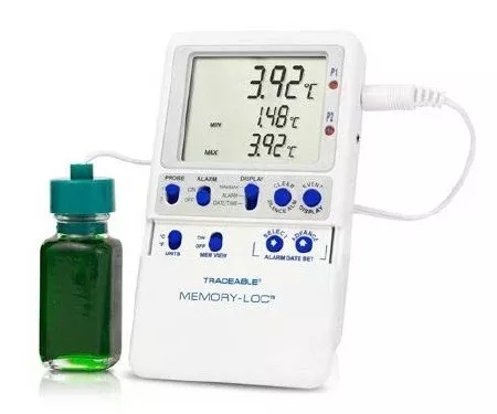 Cole-Parmer Inst. Refrigerator / Freezer Temperature Data Logger with Alarm Traceable Memory-Loc™ Fahrenheit / Celsius -58° to +158°F (-50° to +70°C) Glycol Bottle Probe Multiple Mounting Options Battery Operated - M-922982-1130 - Each