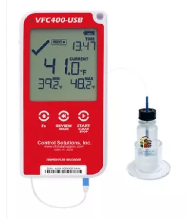 Control Solutions Inc Refrigerator / Freezer Vaccine Data Logger with Alarm LogTag VFC400-USB Fahrenheit / Celsius -40° to 210°F (-40° to 99°C) Glycol Bottle Probe Wall Mount AC Adaptor / USB / Battery Backup - M-1182065-65 - Each
