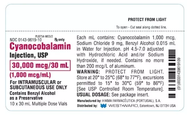Cyanocobalamin B-12 Injection, 30,000mcg, 30 ml Hikma 00143961910