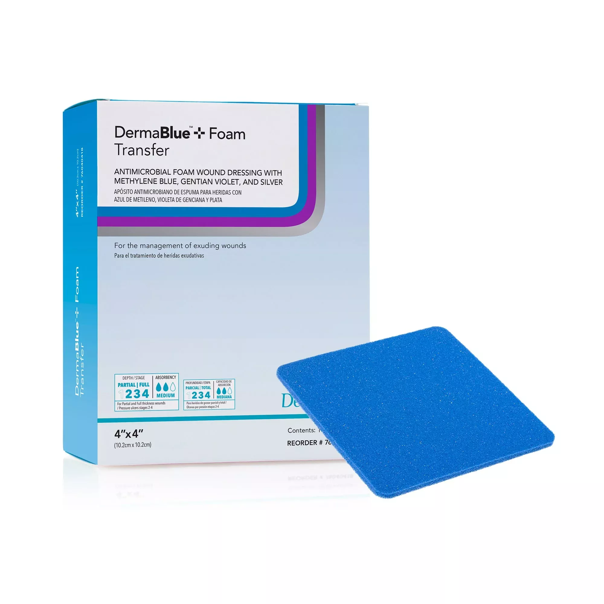 DermaBlue+ Foam Transfer Antimicrobial Foam Dressing, 4" x 4"