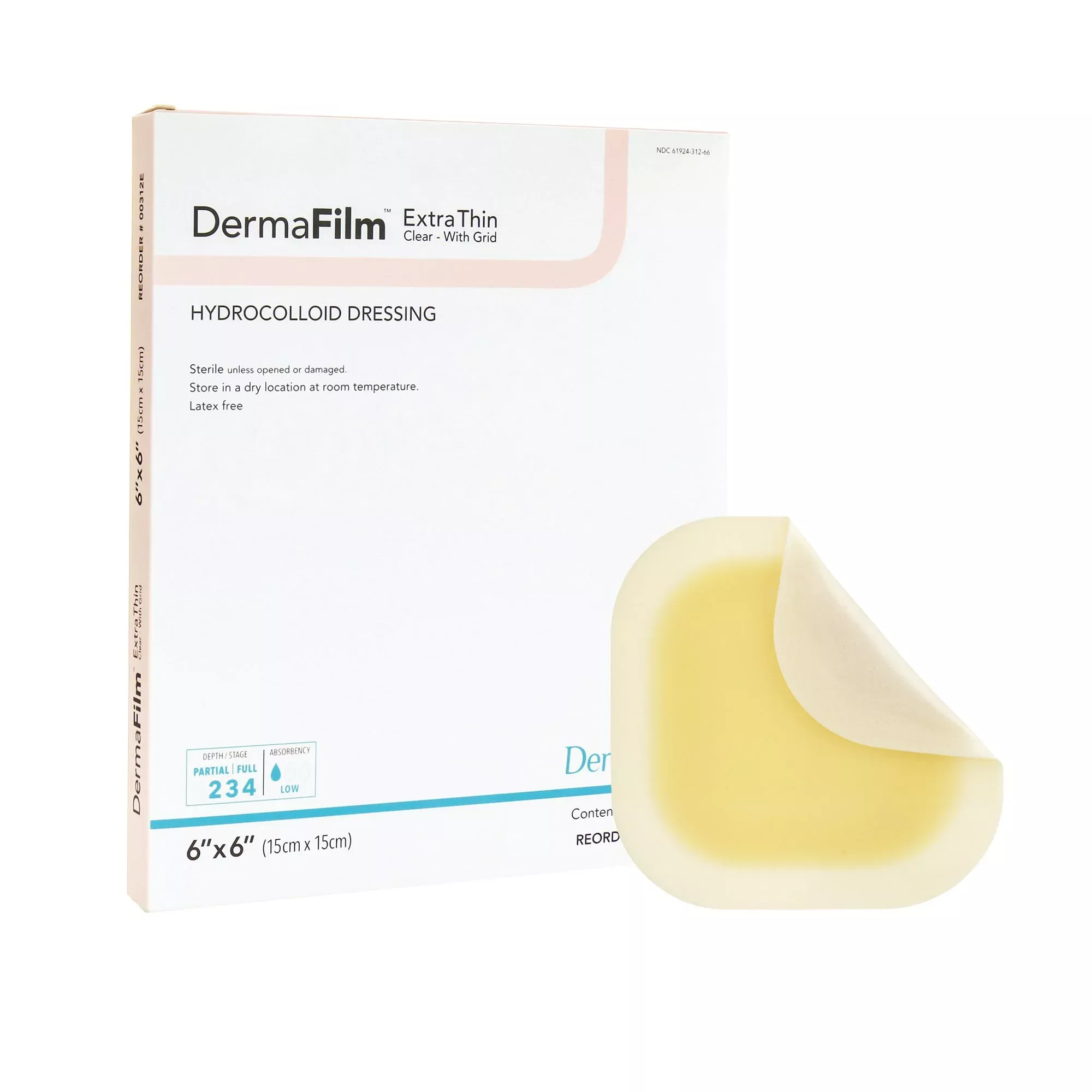 DermaFilm Extra Thin Clear with Grid Hydrocolloid Dressing, 6 x 6 Inch
