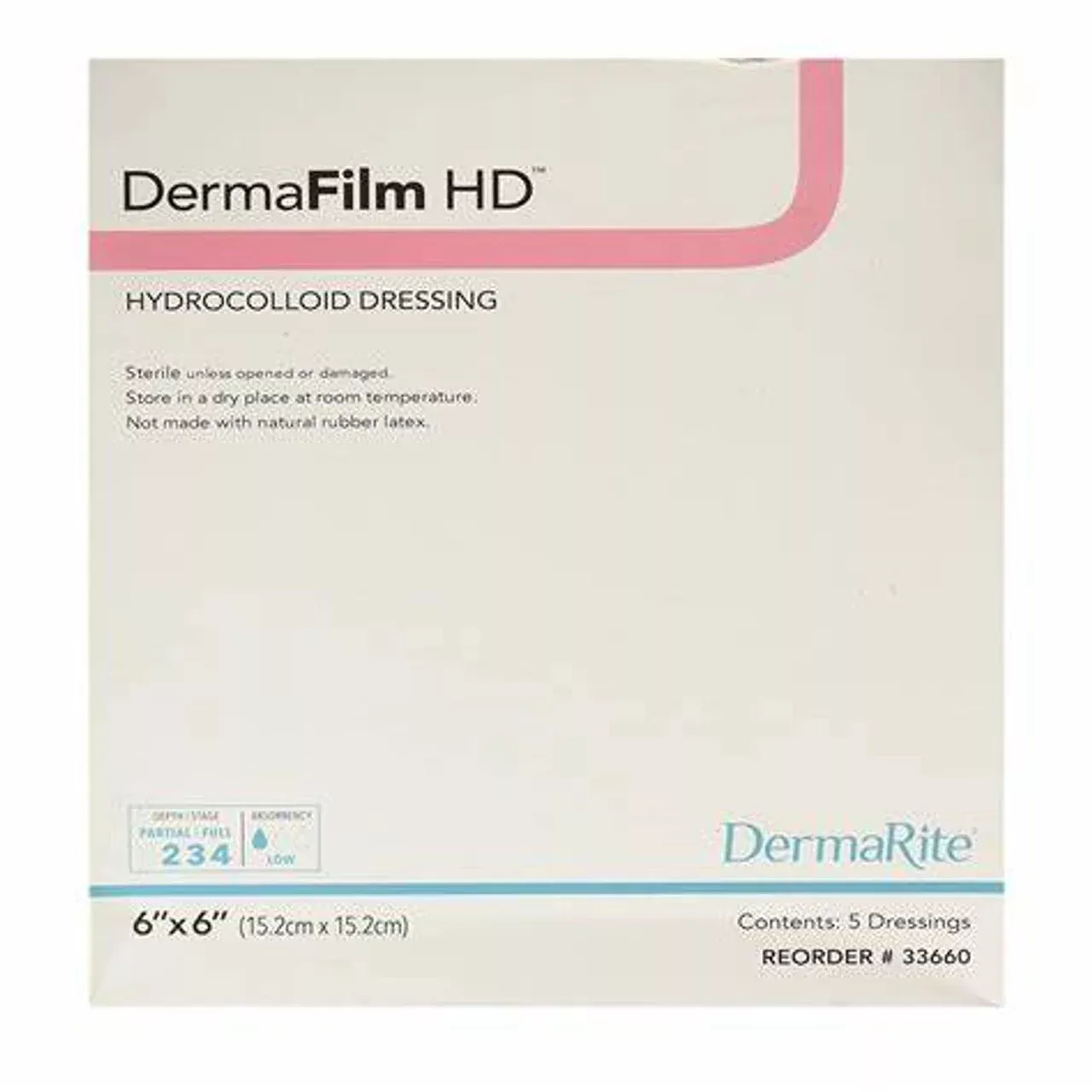 DermaFilm Hydrocolloid High Density Wound Dressing, 6" x 6"