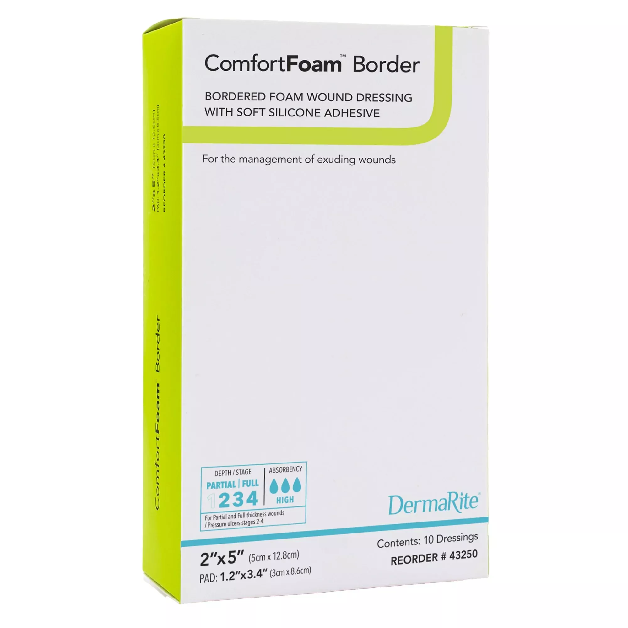 Dermarite 43250 ComfortFoam™ Border Foam Wound Dressing with Soft Silicone Adhesive, 5 x 12.8 cm