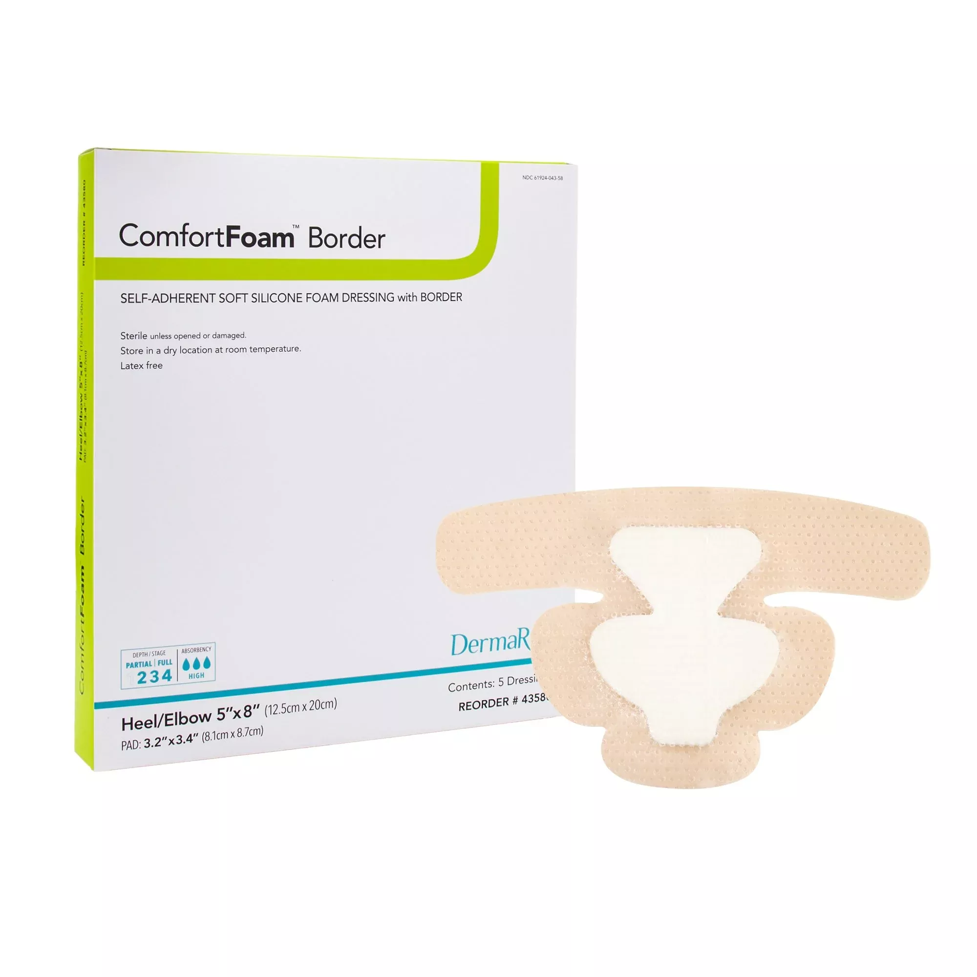 Dermarite 43580 ComfortFoam™ Bordered Foam Wound Dressing w/ Soft Silicone Adhesive, 5 x 8 Inch