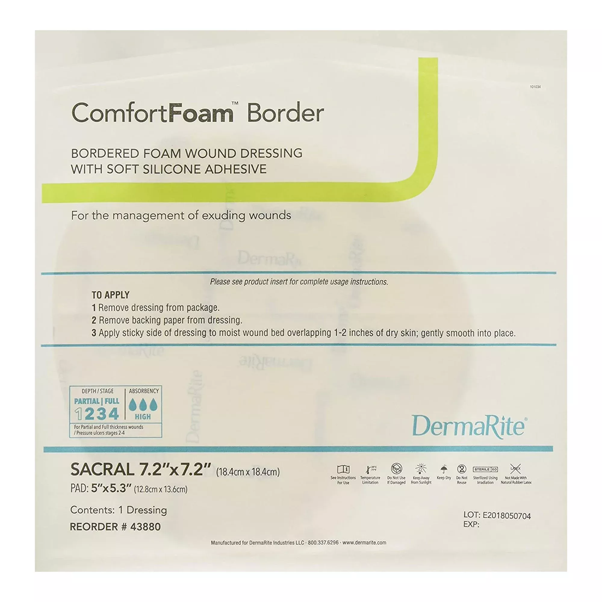 Dermarite 43880 ComfortFoam™ Border Foam Wound Dressing w/ Adhesive, Sacral 18.4 x 18.4 cm