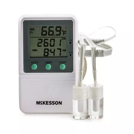 Digital Refrigerator / Freezer Thermometer with Alarm McKesson Fahrenheit / Celsius -58° to +158°F (-50° to +70°C) Glycol Bottle Probe Multiple Mounting Options Battery Operated - M-1074438-898 - Each