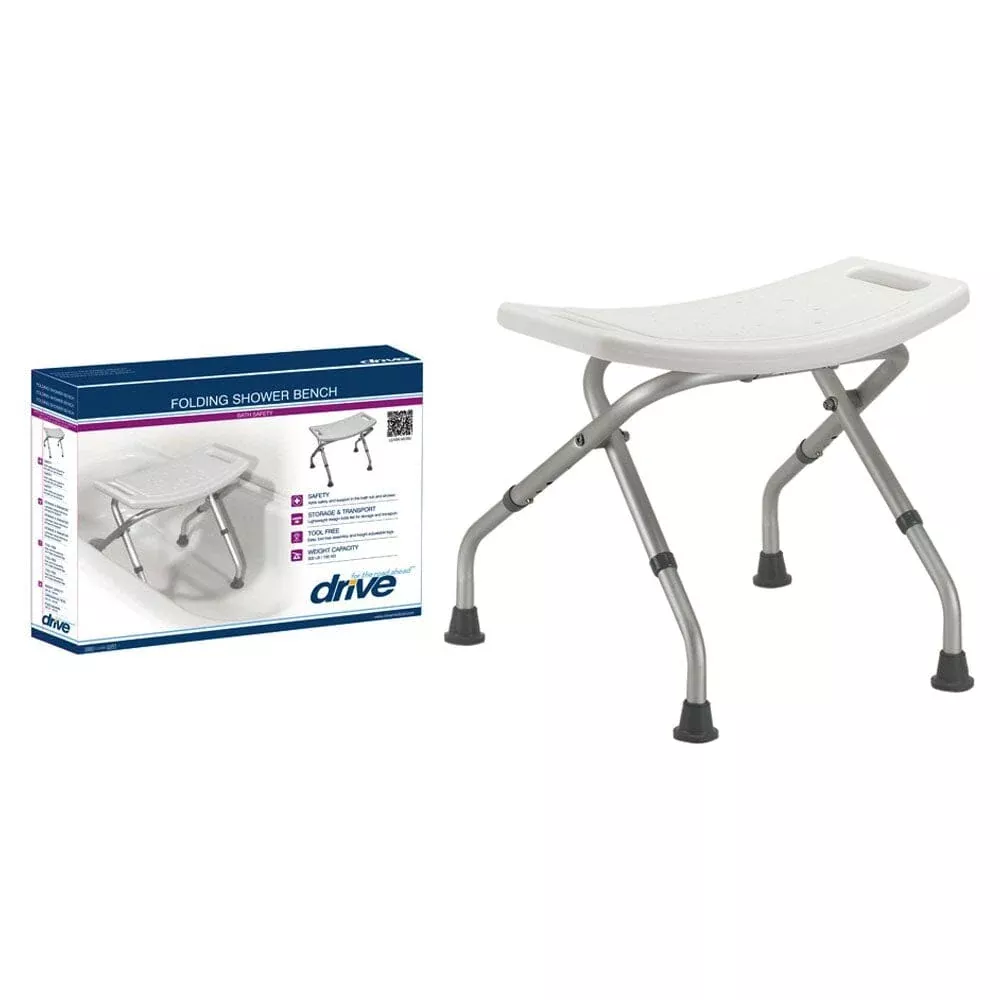 Drive Medical Folding Shower Chair, without Back, 300 lb Capacity, Depth 12" 19.75" x 17.5'' to 18.5''