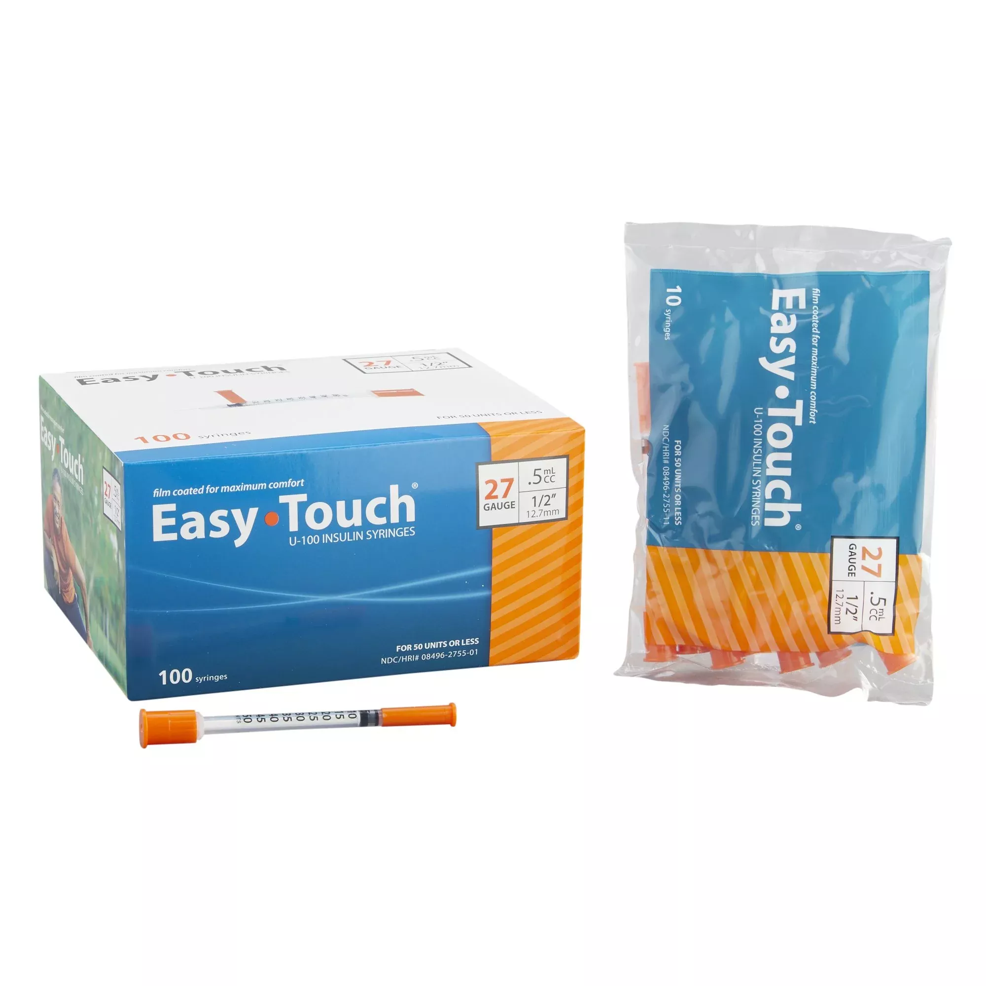EasyTouch Insulin Syringe 27G x 1/2", 0.5 mL (100 count)