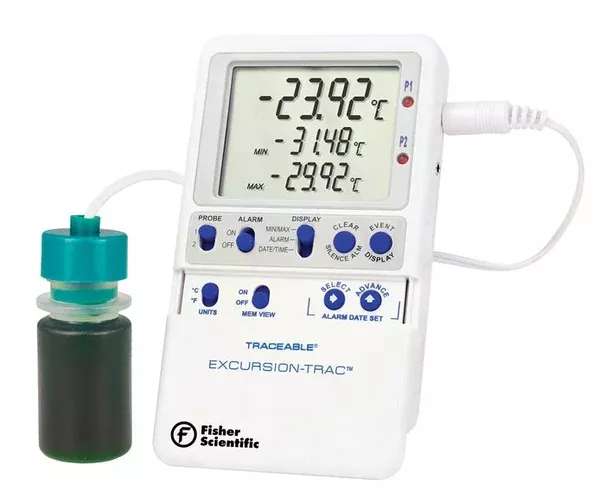 Fisher Scientific Datalogging Digital Thermometer with Alarm Fisherbrand™ Traceable Fahrenheit / Celsius -58° to +158°F (-50° to +70°C) Bottle Probe Multiple Mounting Options AC Adaptor / Battery Backup - M-1117050-4115 - Each