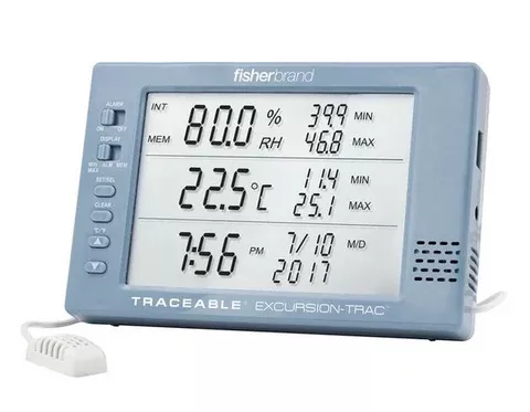Fisher Scientific Datalogging Thermometer / Hygrometer with Alarm Fisherbrand™ Traceable Excursion-Trac™ Fahrenheit / Celsius 0° to 65°C External Probe Multiple Mounting Options Battery Operated - M-1129021-2797 - Each
