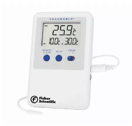 Fisher Scientific Digital Refrigerator / Freezer Thermometer with Alarm Fisherbrand™ Traceable Hi-Accuracy Fahrenheit / Celsius -58° to +158°F (-50° to +70°C) Bottle Probe Desk / Wall Mount Battery Operated - M-783072-898 - Each