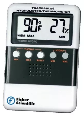 Fisher Scientific Digital Thermometer / Hygrometer Fisherbrand™ Traceable Fahrenheit / Celsius 32° to 122°F (0 to 50°C) Internal Sensor Desk / Wall Mount Battery Operated - M-516928-2894 - Each