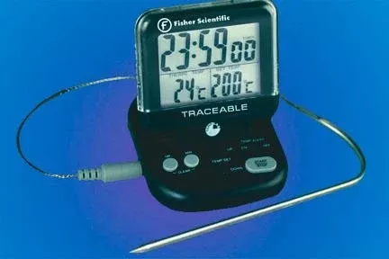 Fisher Scientific Digital Thermometer with Alarm Fisherbrand™ Traceable Fahrenheit / Celsius -58° to +158°F (-50° to +70°C) Short External Sensor Multiple Mounting Options Battery Operated - M-492143-1404 - Each