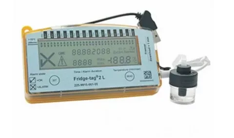 Fisher Scientific Refrigerator Vaccine Data Logger with Alarm Fridge-tag 2L Fahrenheit / Celsius -22° to +131°F (-30° to +55°C) Glycol Bottle Probe Battery Operated - M-1093032-1286 - Each