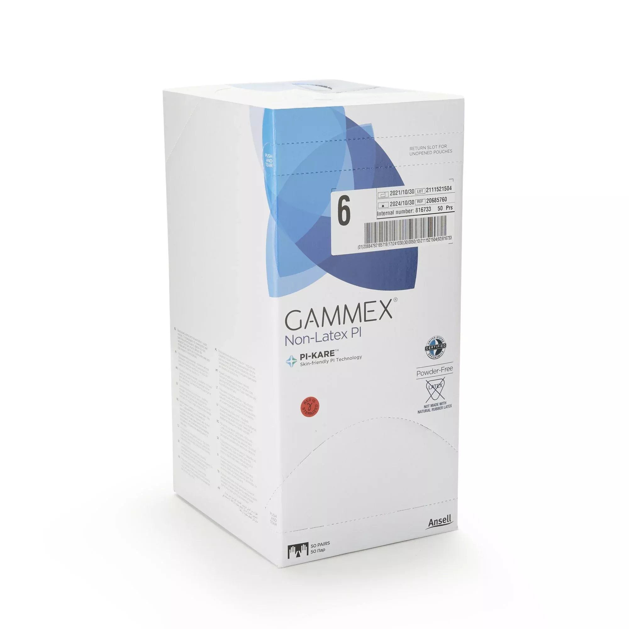 Gammex Non-Latex PI Polyisoprene Surgical Glove, Size 6, White