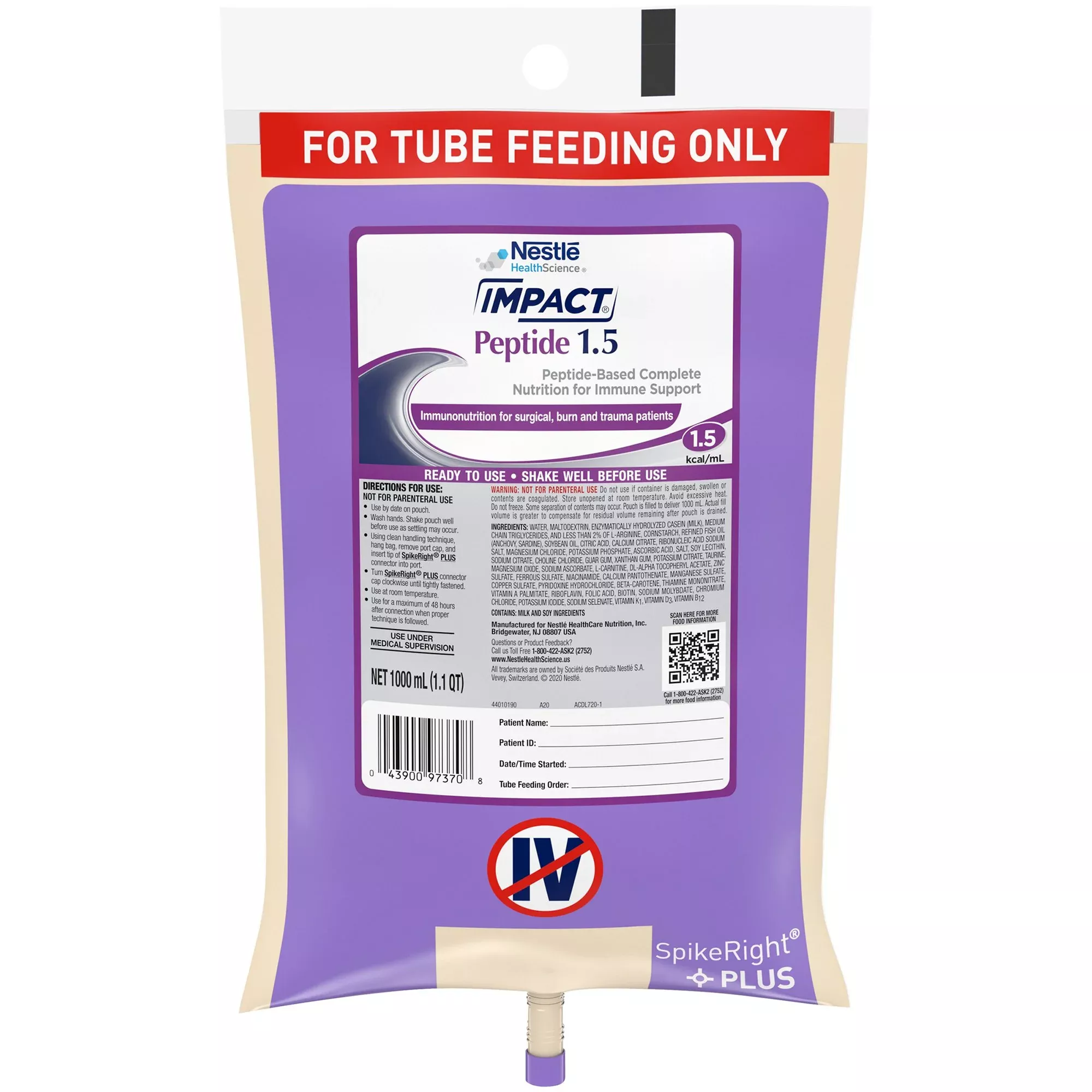 Impact Peptide 1.5 Tube Feeding Formula, 1 liter Prefilled Container