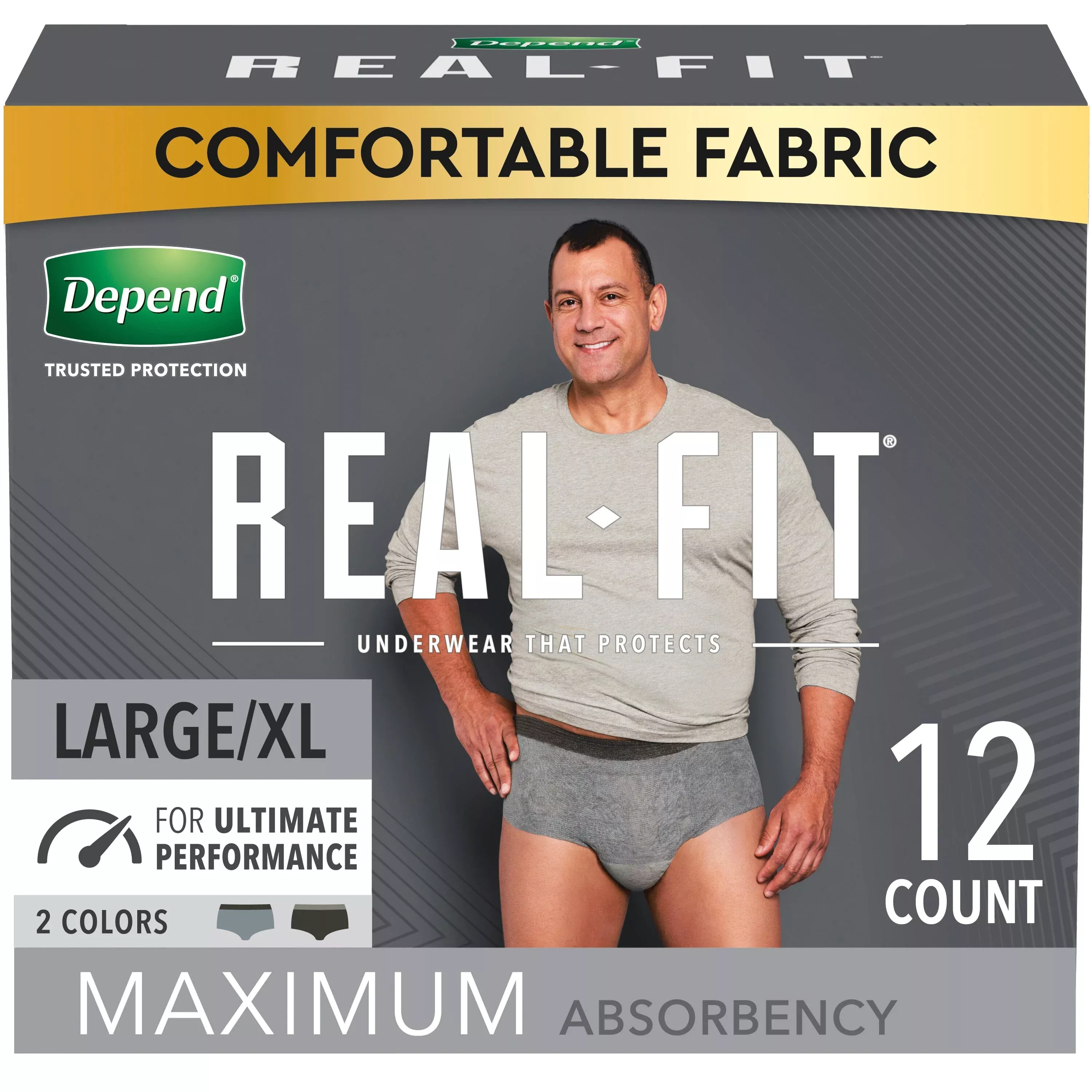 Kimberly Clark Depend Real Fit Incontinence Underwear, Maximum Absorbency, For Male, Large/XL, 38'' to 50'' Waist, 44'' to 54'' Hip, Black/gray