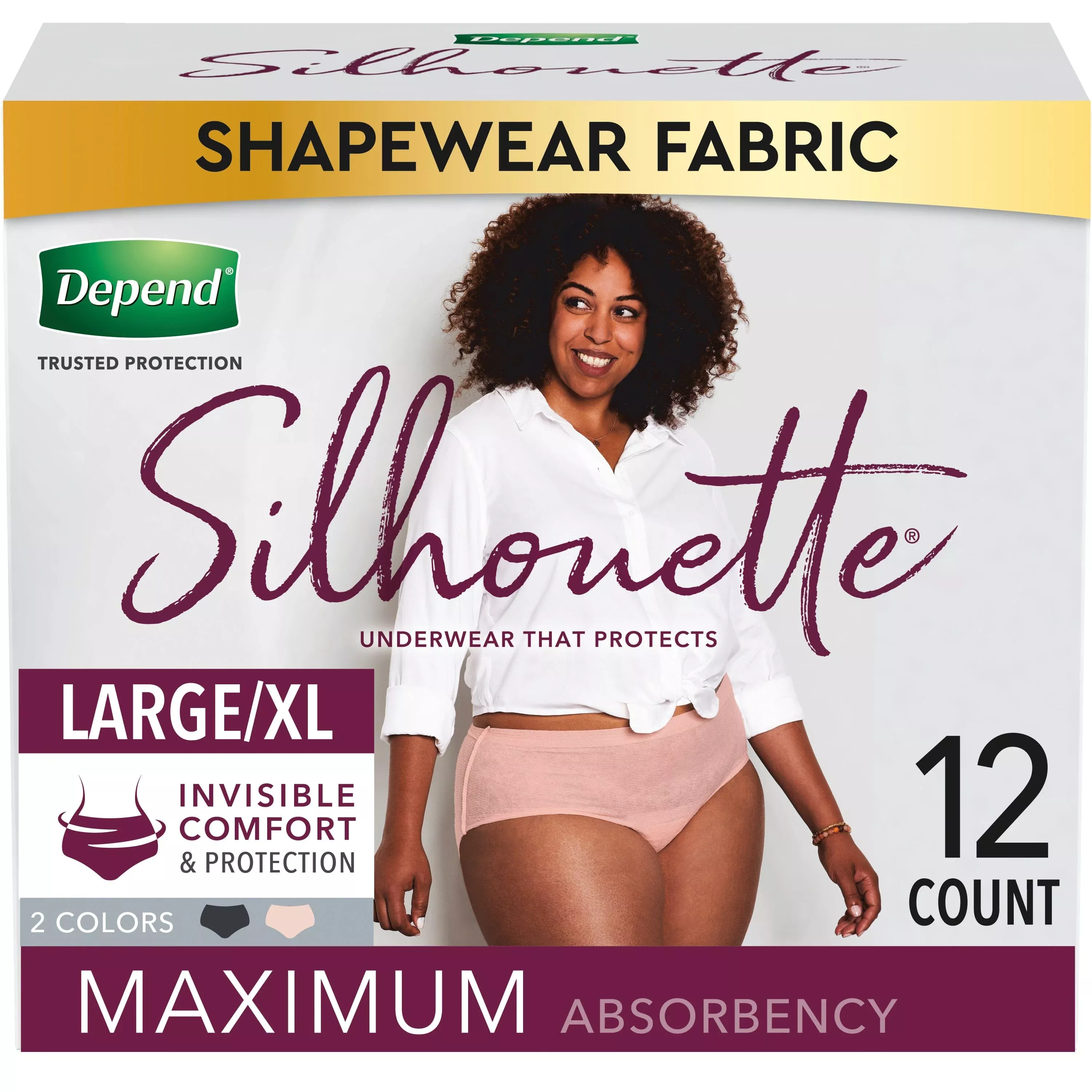 Kimberly Clark Depend Silhouette Incontinence Underwear, Maximum Absorbency, For Female, Large/XL, 38'' to 50'' Waist, 44'' to 54'' Hip, Pink/Black