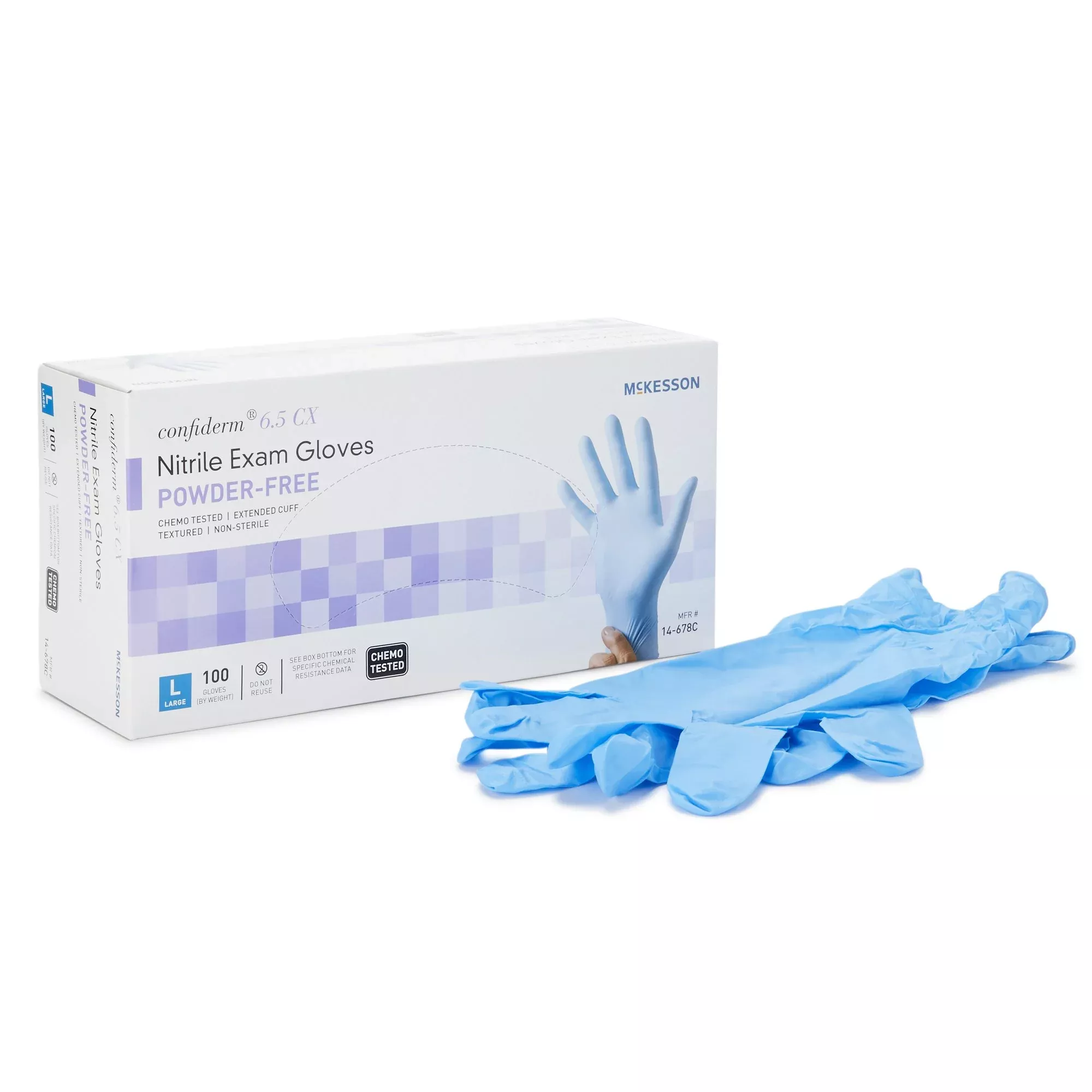 McKesson 14-678C Confiderm 6.5CX Nitrile Extended Cuff Length Exam Glove, Large, Blue