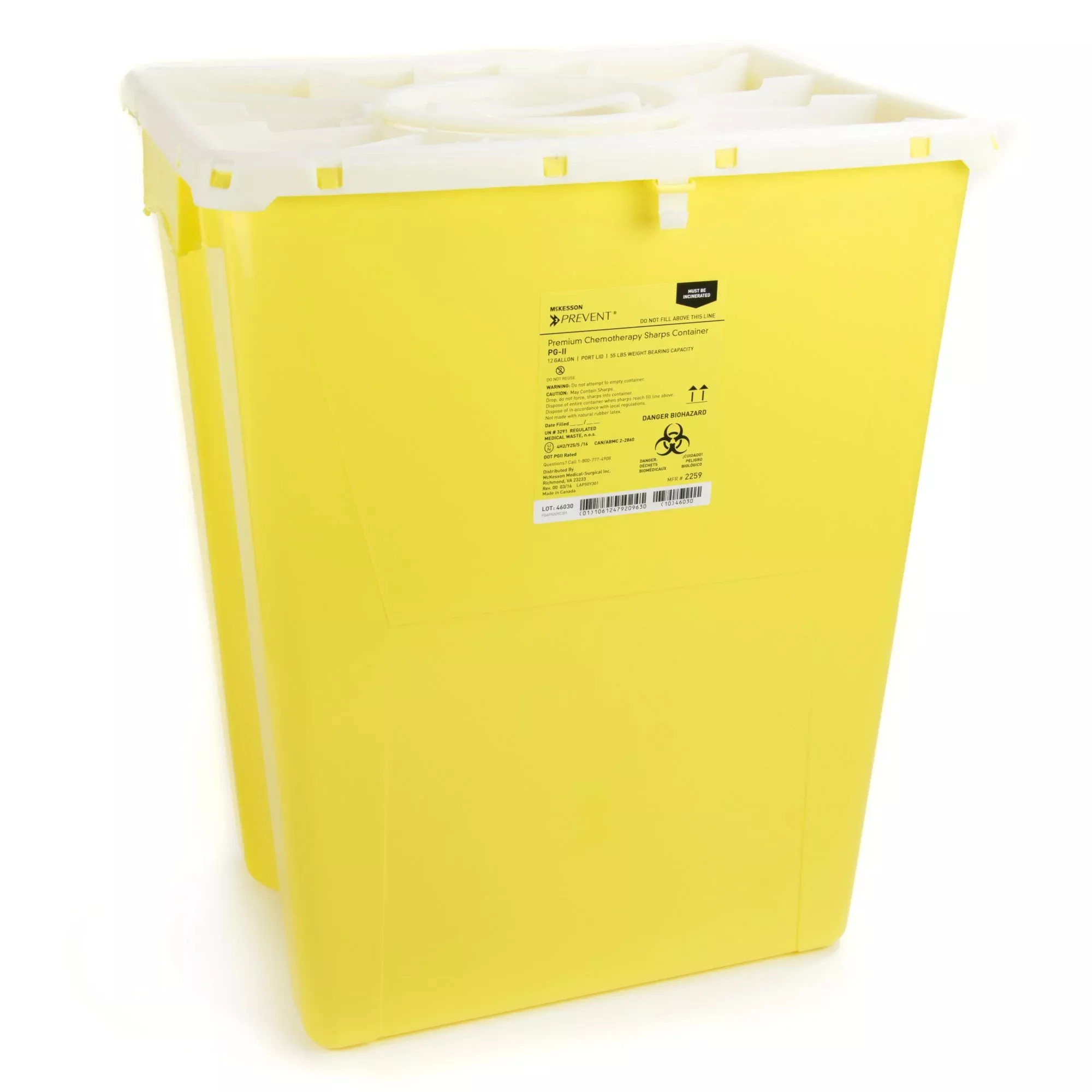 McKesson Prevent Chemotherapy Sharps Container, 12 Gal., 20.8 x 17.3 x 13 Inch