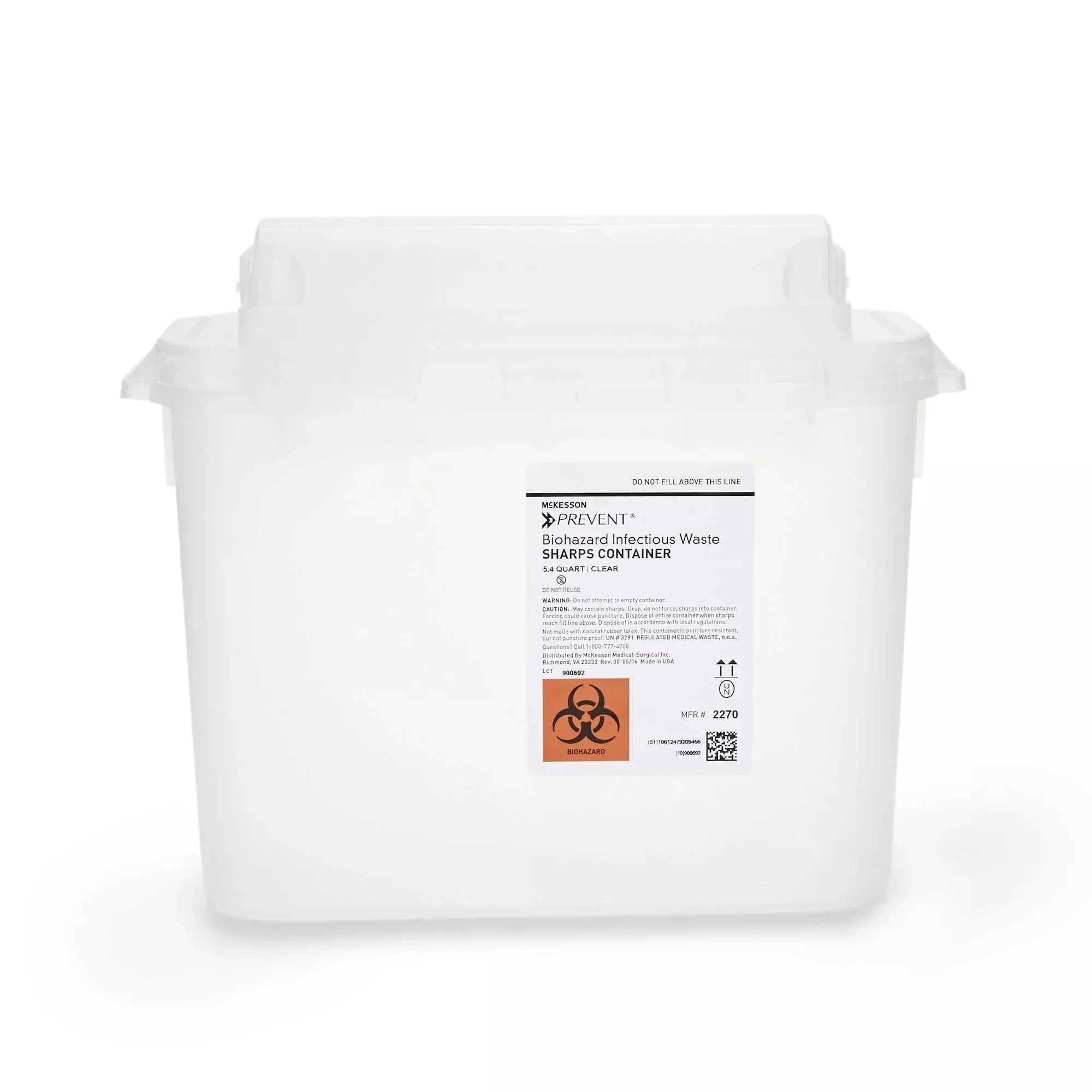 McKesson Prevent Clear Sharps Container, 5.4-Quart, 11 x 12 x 4-3/4 Inch