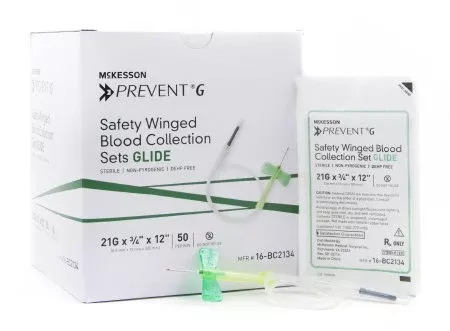 McKesson Prevent G Blood Collection Set 21 Gauge 3/4 Inch Needle Length Safety Needle 12 Inch Tubing Sterile - M-1013023-657 - Each