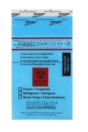 Minigrip Specimen Transport Bag with Document Pouch Speci-Gard 6 X 10 Inch Polyethylene Adhesive Closure Biohazard Symbol / Storage Instructions NonSterile - M-280102-742 - Pack of 100