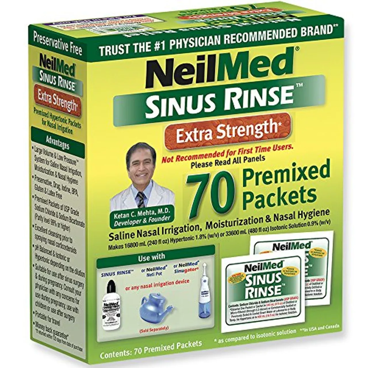 NeilMed Sinus Rinse Hypertonic Premixed Refill Packets, 70 ct
