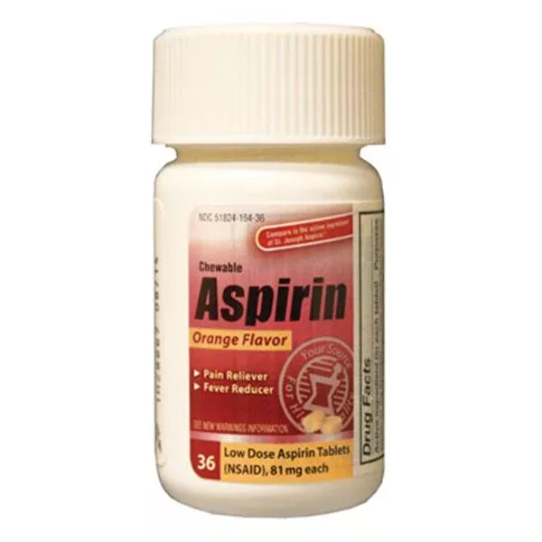 New World Imports Aspirin 81mg Chewable Tablets Twist Cap Bottle Orange 36/Bt, 24 BT/CA (CCA36)