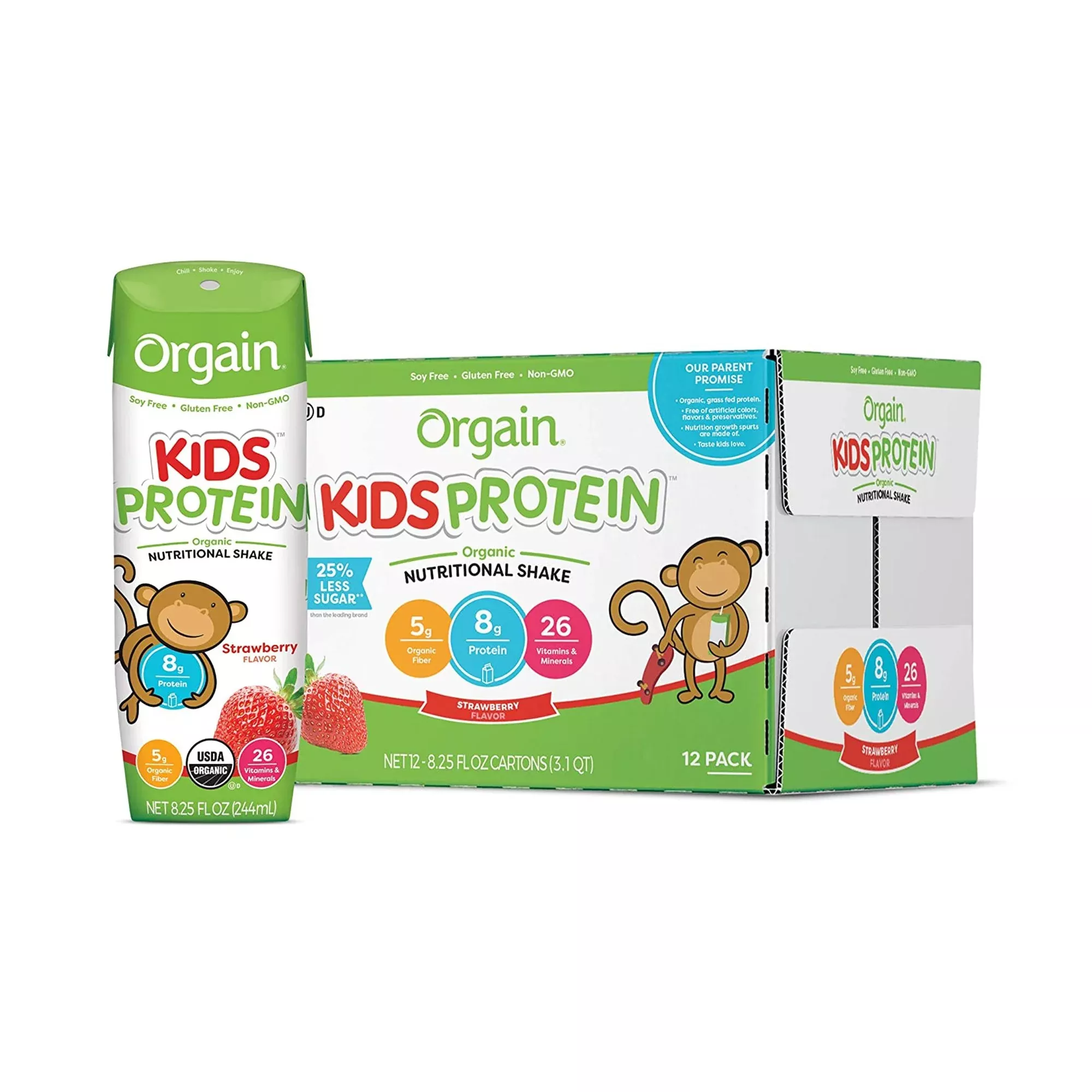 Orgain Kids Protein Organic Nutritional Shake, Strawberry, 8.25-ounce carton