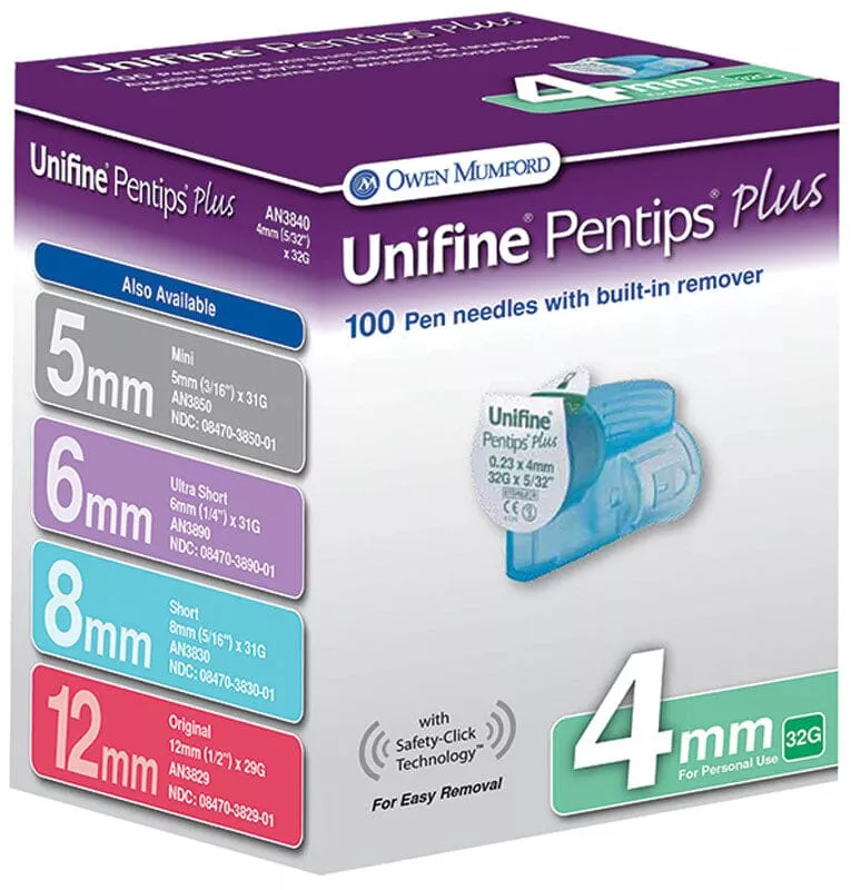 Owen Mumford Unifine Pentips Plus Pen Needle 32G, 4mm, 100 Count