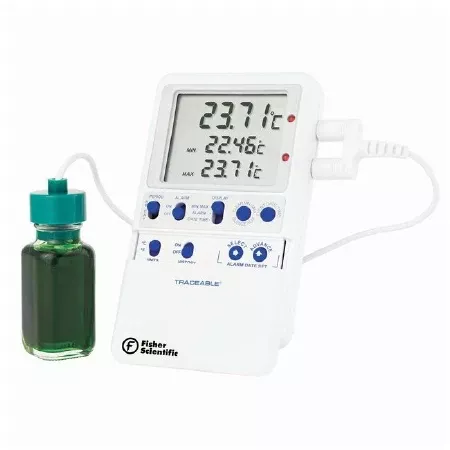 PANTek Technologies LLC Digital Refrigerator / Freezer Thermometer with Alarm Fisherbrand™ Traceable Fahrenheit / Celsius -58° to +158°F (-50° to +70°C) Bottle Probe Door / Wall Mount Battery Operated - M-639044-950 - Each