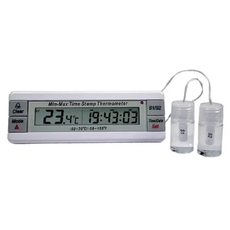 PANTek Technologies LLC Refrigerator / Freezer Thermometer Thermco Min-Max Time Stamp Fahrenheit / Celsius -40° to +158°F (-40° to +70°C) 2 Bottle Probes Door / Wall Mount Battery Operated - M-982840-1068 - Each