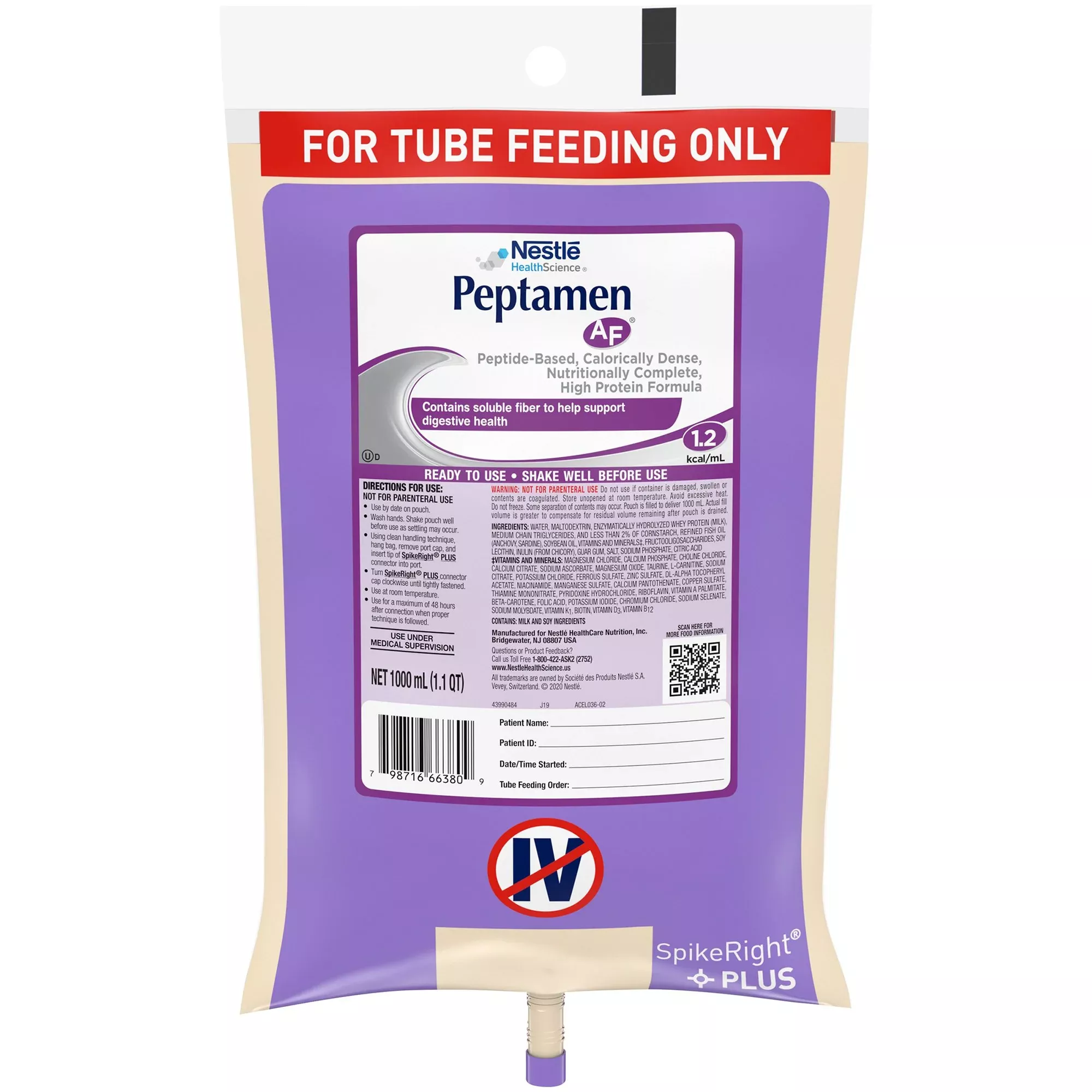 Peptamen AF Tube Feeding Formula, 1000 mL Ready to Hang Prefilled Container