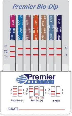 Premier Biotech Drugs of Abuse Test Bio-Dip™ 12-Drug Panel AMP, BAR, BUP, BZO, COC, mAMP/MET, MDMA, MTD, OPI, OXY, PCP, THC 50 Urine Sample 25 Tests - M-1006574-3493 - Case of 25