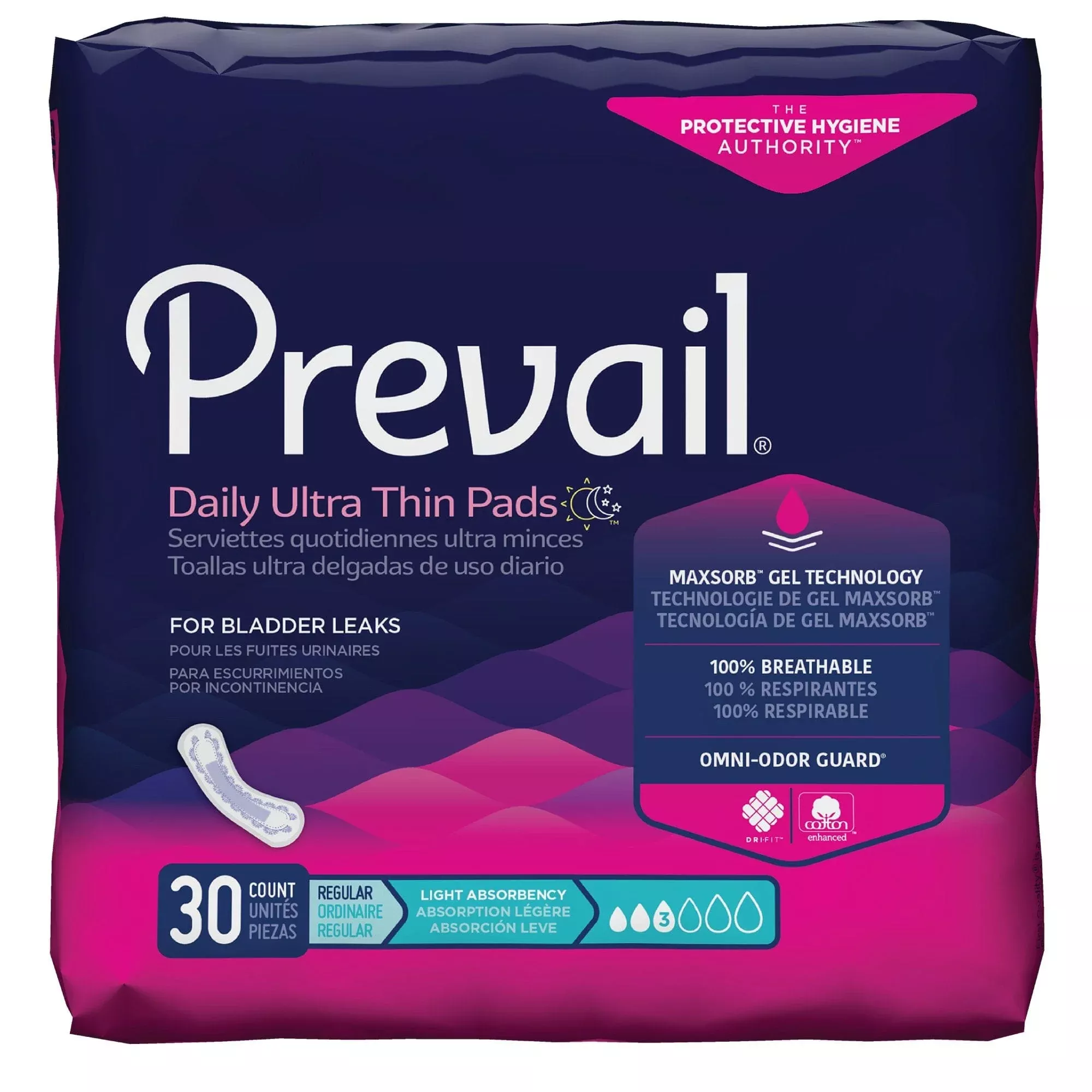 Prevail Bladder Control Pad, Light Absorbency, 9.25" Pad Length