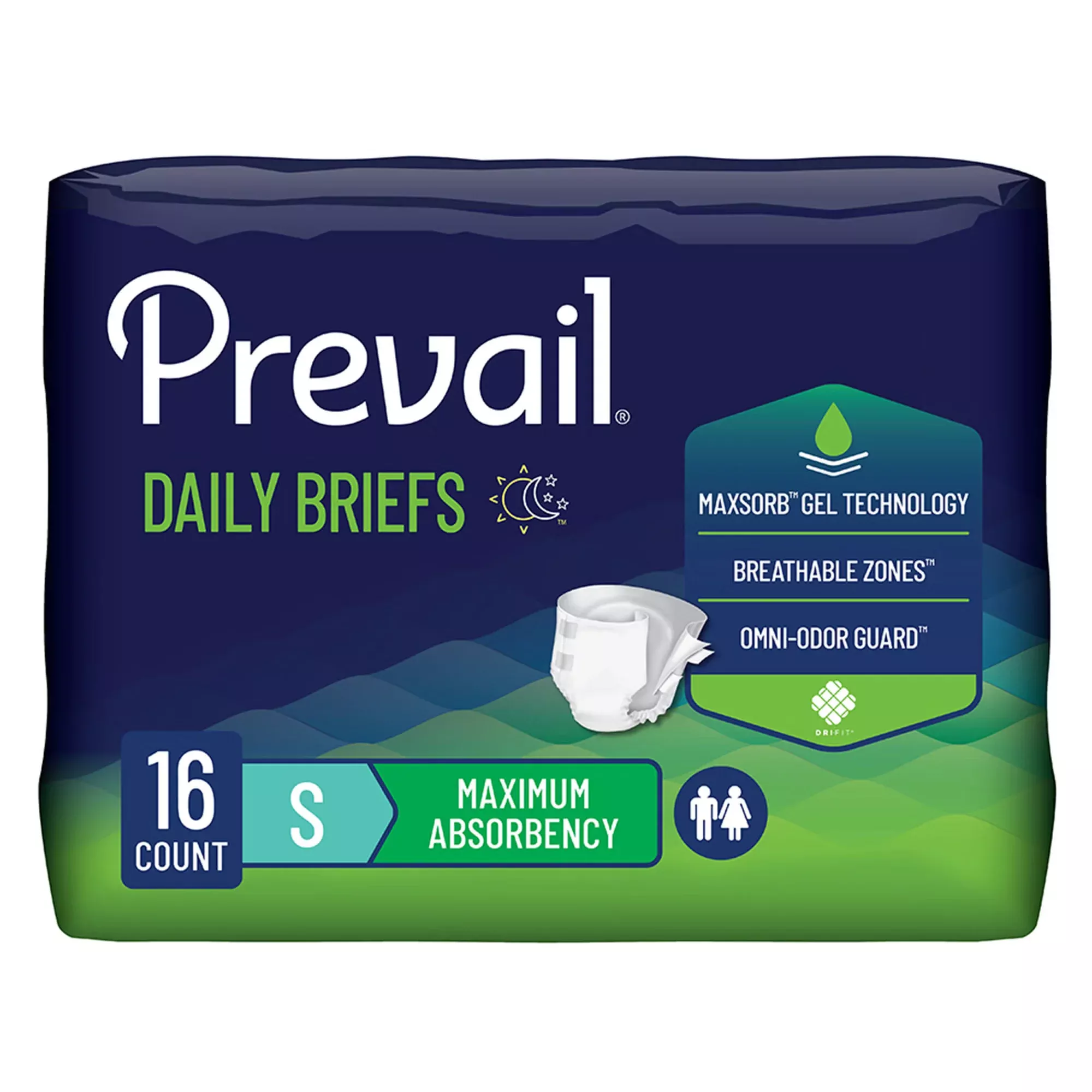 Prevail PV-011 Incontinence Brief, Adult Small Unisex, Heavy Absorbency, 20"-31",, 16/Bag