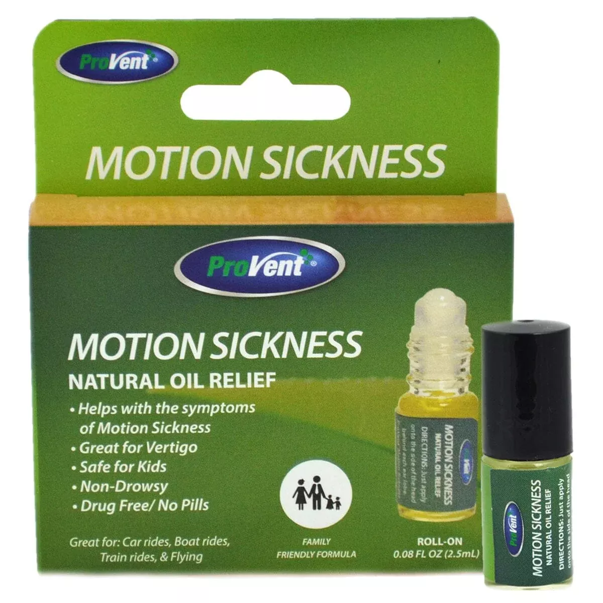Quest ProVent Motion Sickness Oil Roll-On; Natural Relief, 0.08 oz, Green Tinted