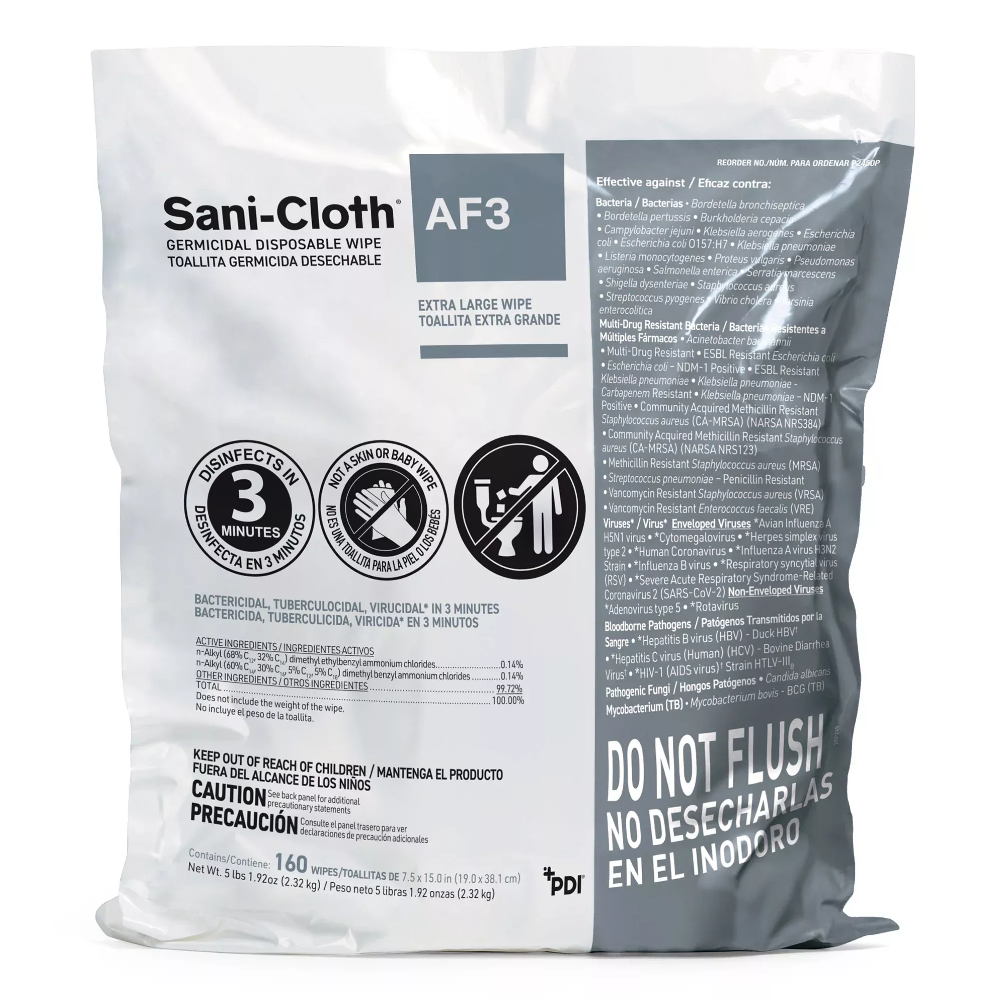 Sani-Cloth AF3 Germicidal Extra Large Disinfectant Wipes, Refill Bag, 160 ct.